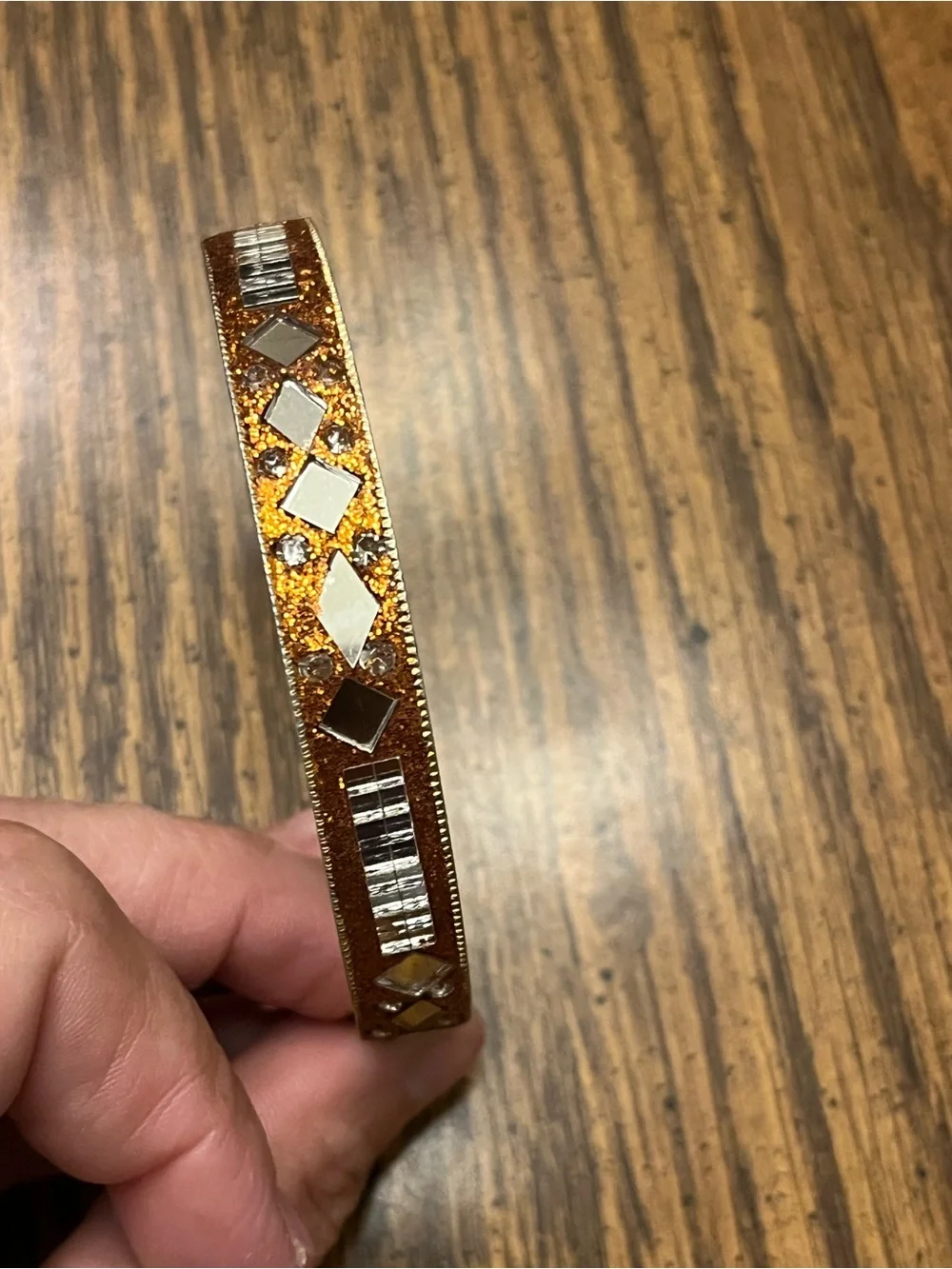 Gold-Tone Mosaic Bangle Bracelet with Silver Tile Accents